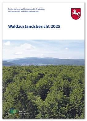 Cover des Waldzustandsberichts 2025 für Niedersachsen, mit einem Bild von einem Blick auf einen Wald im Mittelgebirge