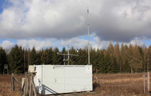 weißer Container mit Instrumenten zur Luftmessung auf einer Untersuchungsfläche vor einem Wald