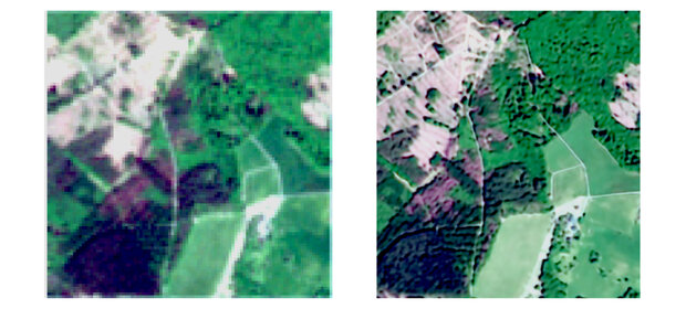 2 Luftaufnahmen vor (unscharf) und nach der Bearbeitung mit dem Super-Resolution-Verfahren (deutlich schärfer)