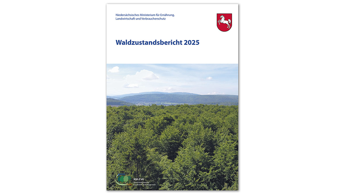 Cover des Waldzustandsberichts 2025 für Niedersachsen, mit einem Bild von einem Blick auf einen Wald im Mittelgebirge
